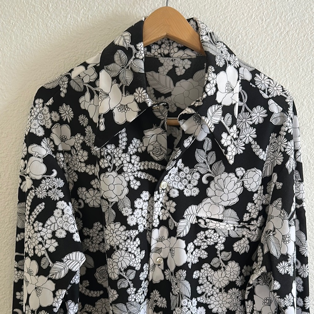 Vintage Floral Black and White Button-Up Shirt